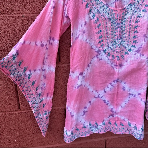 Calypso St Barth womens sz small boho tunic mini dress cover up pink tie dye - Picture 4 of 15